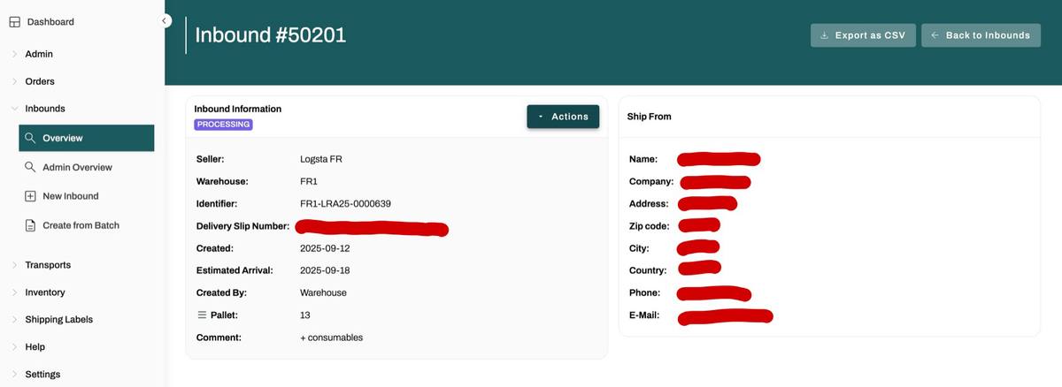 Example inbound detail page showing Processing status